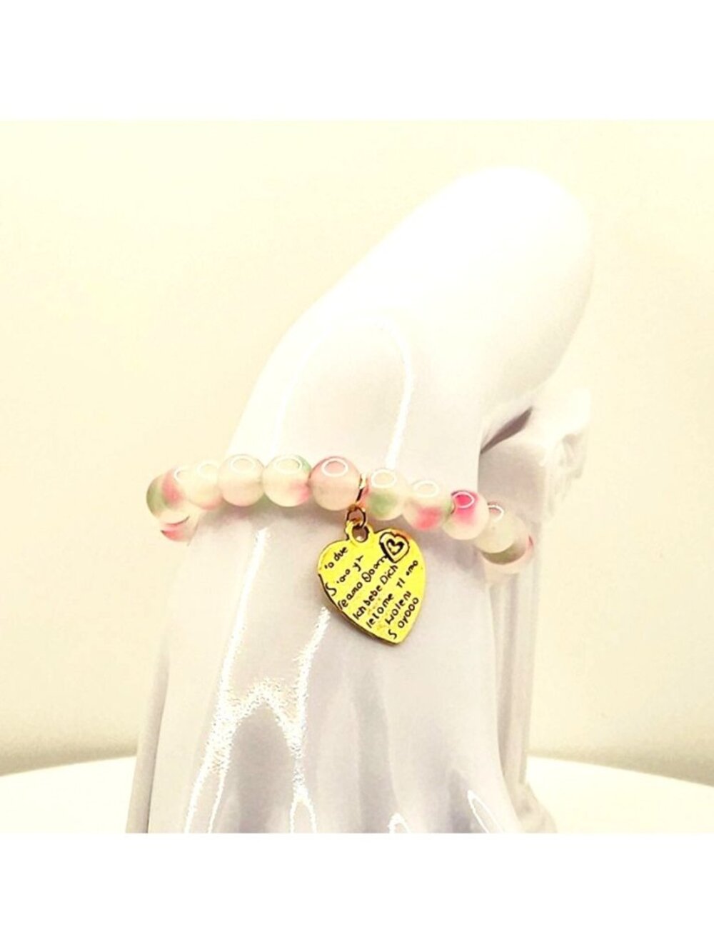 Pastel Heart Charm Bracelet, Pink Green Beaded Stretch Bracelet, Cute